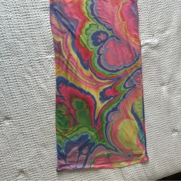 AFRM Tie-Dye Pink and Yellow Abstract Bodycon Halter Tessa Mesh Midi Dress Small - Picture 10 of 13